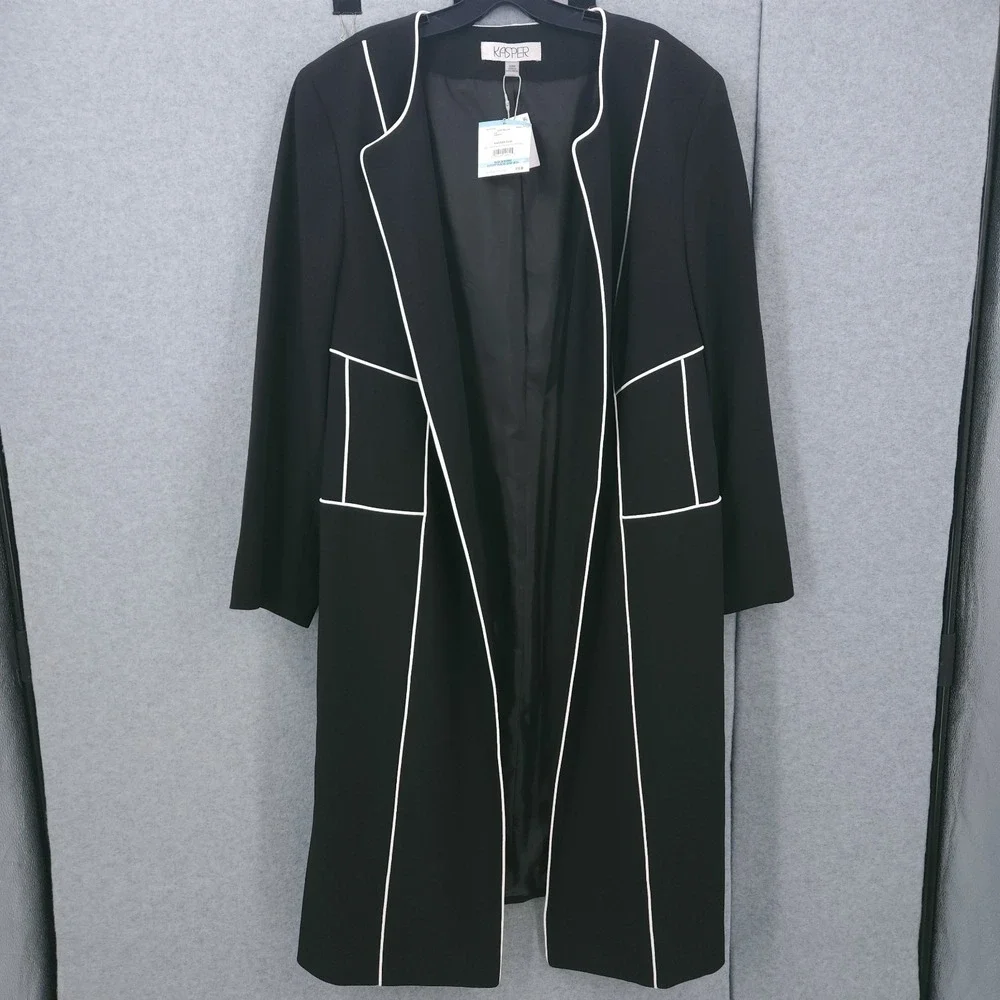 Kasper Stretch Crepe Piping Trim Long Open Front Black Jacket Womens Size‎ 20W